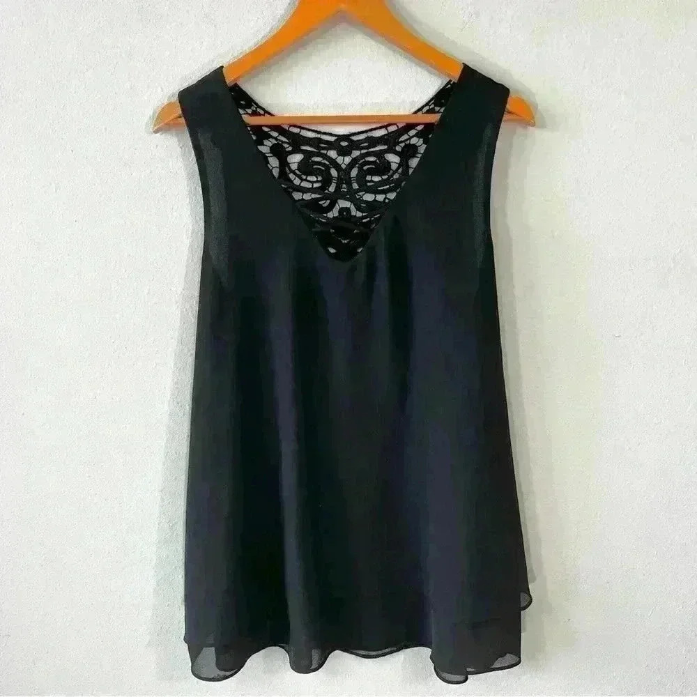 Bobeau black swing layered top with cross cross detail on front